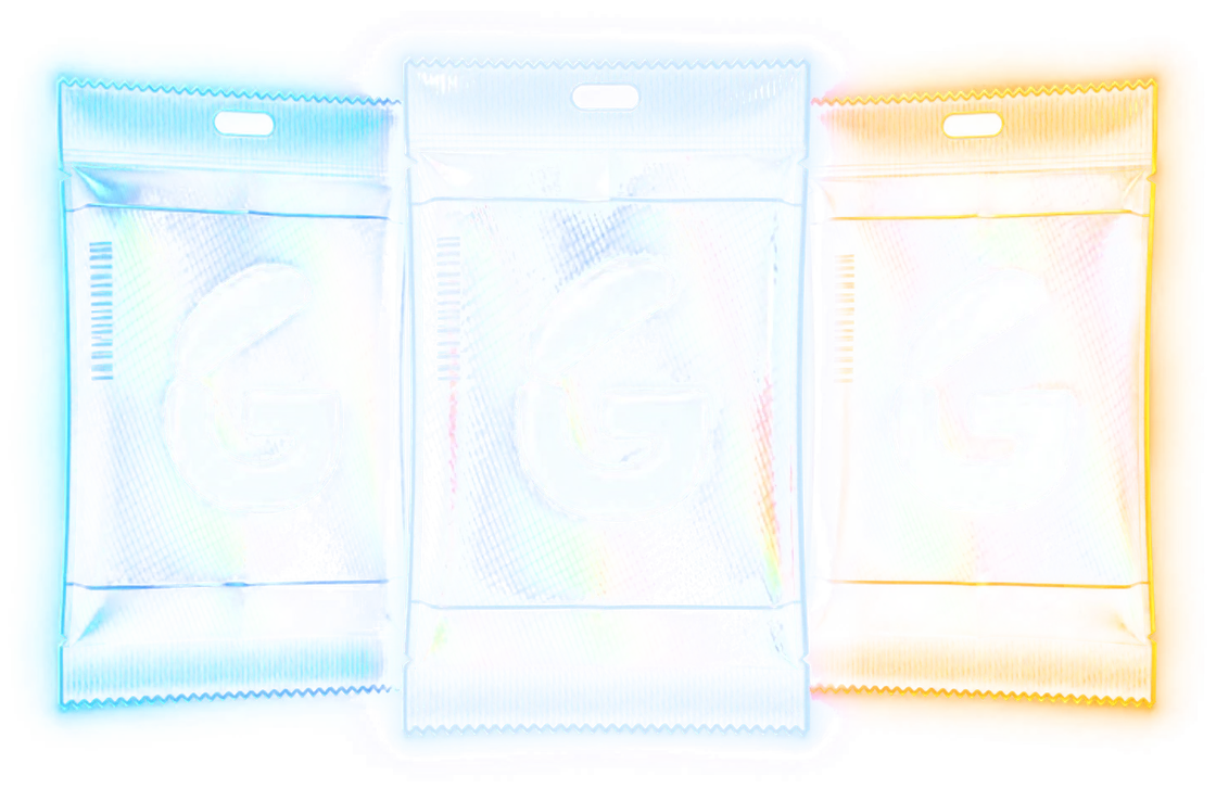 Three Gacha foil packs glowing ice, violet and gold